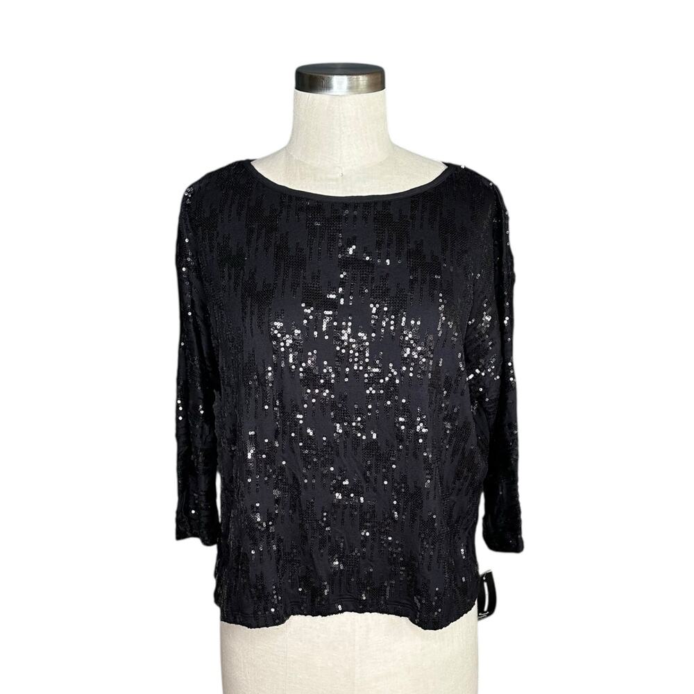 INC INTERNATIONAL CONCEPTS Black Sequin 3/4 Sleeve Top Women's Size Small NWT